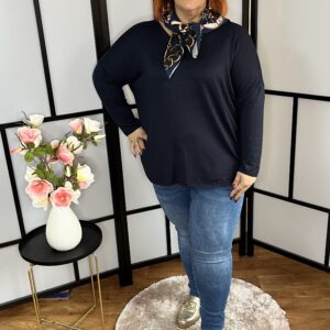 V nyakú gépi kötésű cérna felső ejtett vállal ajándék sállal sötétkék színben