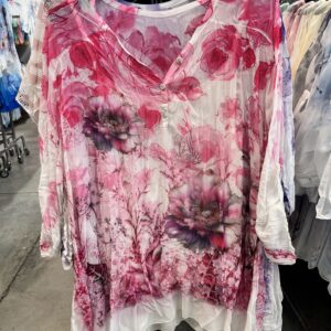 Kétrétegű, gyűrt, virágmintás tunika pink színben