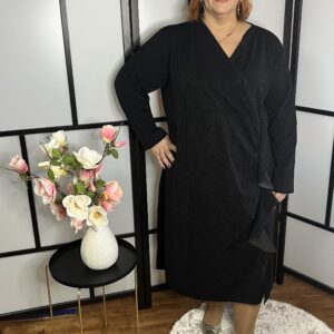 Átlapolt lurex, fodorral díszített alkalmi ruha fekete színben