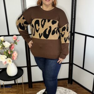 Török kötött pulóver nagyon divatos párduc betéttel barna színben