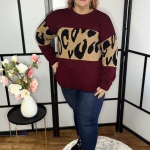 Török kötött pulóver nagyon divatos párduc betéttel bordó színben