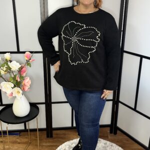 Pihe-puha anyagból készült gyöngyökkel díszített kötött felső fekete színben