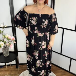 Gumis tetejű flokon maxi ruha fekete alapon púder virágos