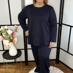 Olasz pamut anyagból készült egyenes fazonú gumis derekú együttes sötétkék színben