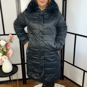 Hosszú fazonú kapucnis téli gyapjúkabát türkíz színben