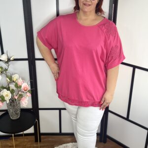 Madeirával díszített, extra minőségű pamut póló pink színben