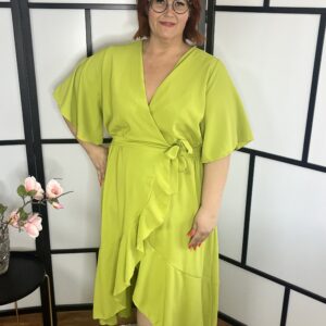 Lepke ujjú átlapolt alkalmi ruha, deréknál megköthető fazon olíva színben