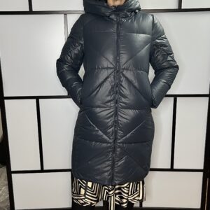 Farmerkék gyönyörű steppelt hosszított kabát kapucnival