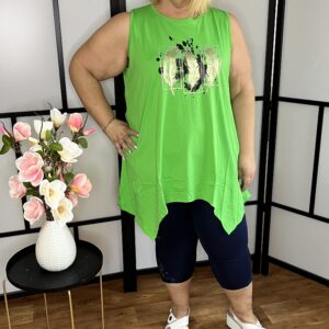 Török pamut A vonalú trikó két oldalt hosszított fazonnal tollas mintával lime színben
