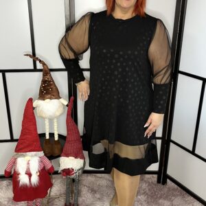 Önmagában pöttyös anyagú, muszlin ujjú és muszlin aljú alkalmi ruha fekete színben