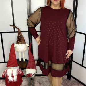 Önmagában pöttyös anyagú, muszlin ujjú és muszlin aljú alkalmi ruha bordó színben