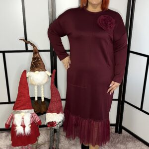 Egyedi és különleges prémium minőségű olasz pamut ruha alján tüllel és tüll kitűzővel bordó színben