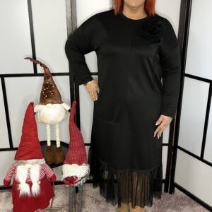 Egyedi és különleges prémium minőségű olasz pamut ruha alján tüllel és tüll kitűzővel fekete színben