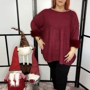 Gyönyörű szőrmés ujjú, kerek nyakú kötött oversize felső bordó színben