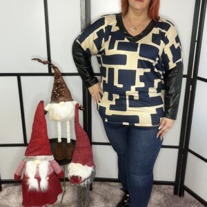 Francia V nyakú, bőrös ujjú felső sötétkék-bézs mintával