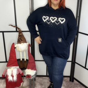 Olasz pamut anyagú kenguru zsebes, kapucnis felső kövekkel és szőrmével díszített szívekkel sötétkék színben