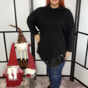 Gyönyörű bőrrel kombinált V fazonú kámzsa nyakú pamut felső denevérrel újjal fekete színben