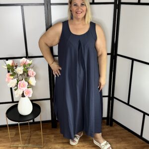 Extra minőségű anyagból készült egyméretes olasz lefelé bővülő trikóruha zsebbel sötétkék színben