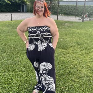 Felül teljesen gumis, mintás overál sötétkék színben
