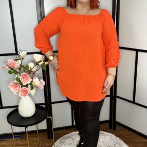 Gumis nyakú, húzott ujjú, zsorzsett anyagú felső narancs színben