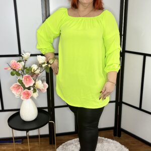 Gumis nyakú, húzott ujjú, zsorzsett anyagú felső neonzöld színben