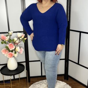 V nyakú egyszerű és nagyszerű vastagabb cérna kötött felső közepes méretben királykék színben