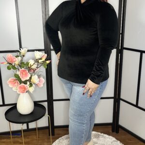 Plüss anyagú, csavart nyakú egyszerű felső fekete színben