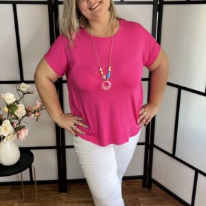 Kerekített fazonú kissé A vonalú pamut felső ajándék nyaklánccal pink színben