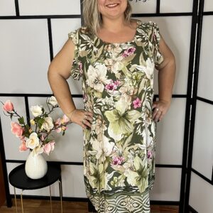 Fodros ujjú, mintás flokon ruha keki színben
