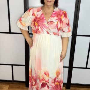Pink elöl-hátul V kivágású, virágos alkalmi ruha
