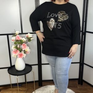 Egyenes fazonú, 3/4-es ujjú tunika köves-szív díszítéssel fekete színben