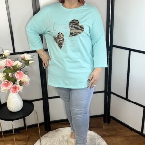 Egyenes fazonú, 3/4-es ujjú tunika köves-szív díszítéssel menta színben