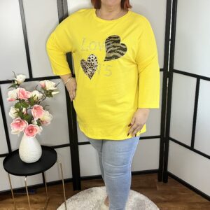 Egyenes fazonú, 3/4-es ujjú tunika köves-szív díszítéssel citromsárga színben