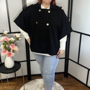 Átmeneti vastagságú, rövid fazonú kabát kétsoros arany színű dísz gombokkal fekete színben