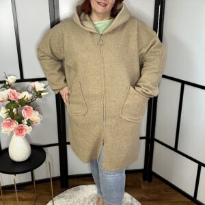 Buklé anyagú, elől két zsebes, kapucnis kabát/kardigán barna színben