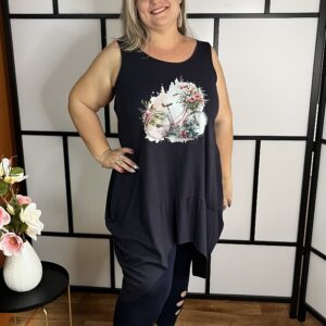 Olasz pamut anyagból készült kerek nyakú hagyma fazonú tunika bicikli mintával sötétkék színben