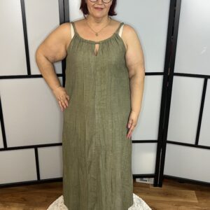 Olasz tervezésű különleges maxi ruha hátul felvágva nyaknál csepp kivágással keki színben