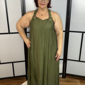 A vonalú, vállán arany díszítésű maxi ruha keki színben