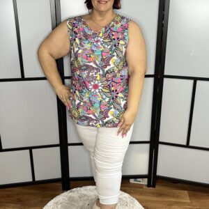 Kámzsa nyakú, egyenes fazonú csodaszép ujjatlan felső pink-zöld mintával