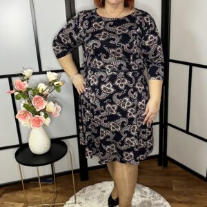 Lengyel lefelé bővülő fazonú ruha övvel sötétkék mintával