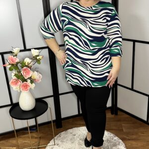 Csodaszép lengyel pamut anyagú, kerek nyakú, zsebes zöld-kék mintás tunika