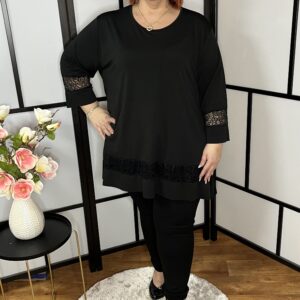 Csipkével díszített A vonalú alkalmi tunika fekete színben