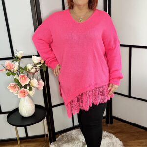 V nyakú, alján csipkével díszített akril pulóver pink színben