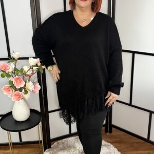 V nyakú, alján csipkével díszített akril pulóver fekete színben