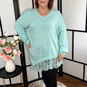 V nyakú, alján csipkével díszített akril pulóver menta színben