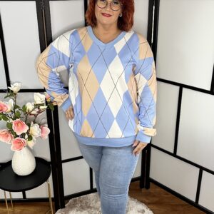 Kárókockás, V nyakú, trendi pulóver világoskék színben