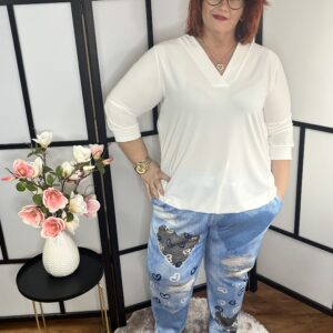 Gumis derekú, farmerhatású vászon nadrág fekete szíves mintával