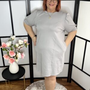 Olasz extra minőségű, ujján gombbal díszített pamut zsebes ruha szürke színben