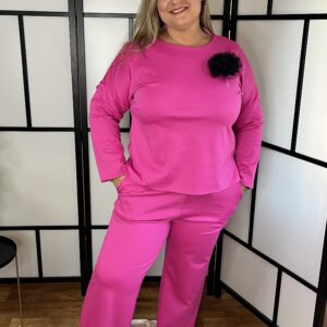 Lengyel minőségi puntó anyagból készült egyenes fazonú gumis derekú együttes pink színben