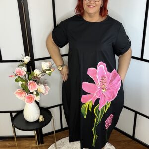 Olasz zsebes fekete ruha nagy pink virággal kövekkel díszítve